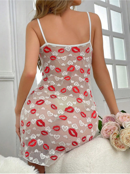 Sexy Thin Transparent Red Lip Mesh Stitching Low Cut Sling Sexy Lingerie