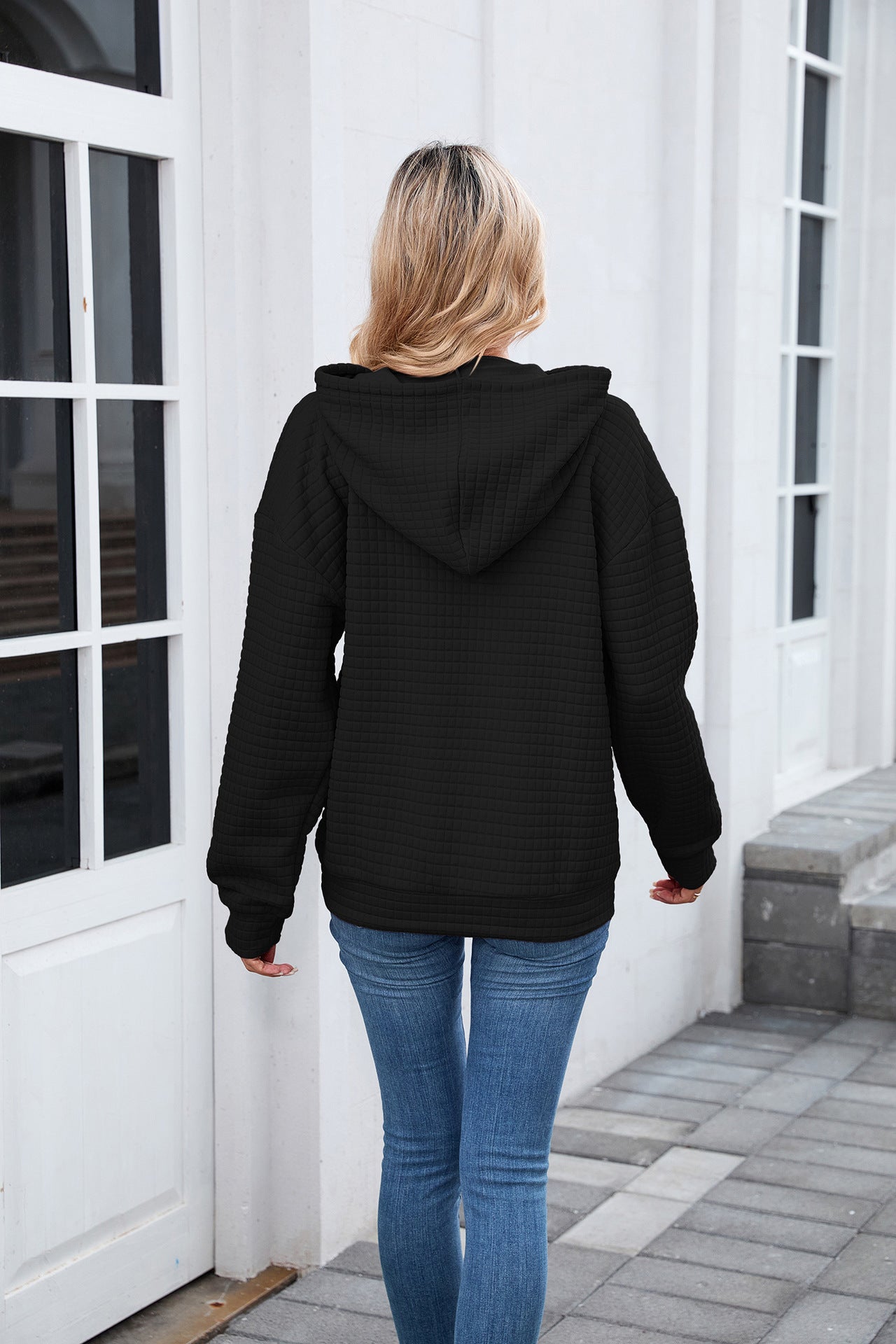 Autumn Winter Solid Color Hooded Pocket Loose Long Sleeve Sweatershirt Coat for Women