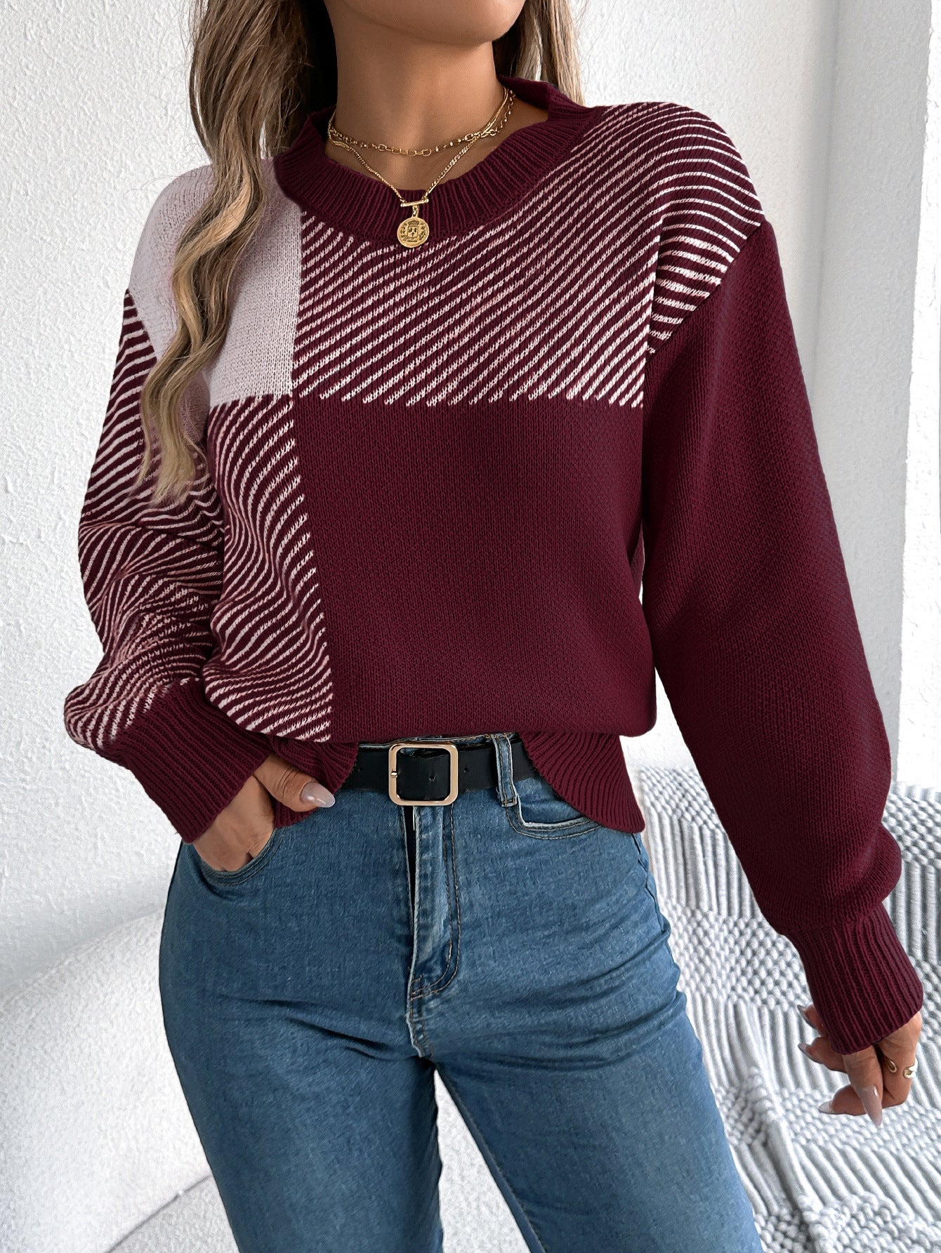 Autumn Winter Casual Color Contrast Check Long Sleeve Pullover Women Clothing