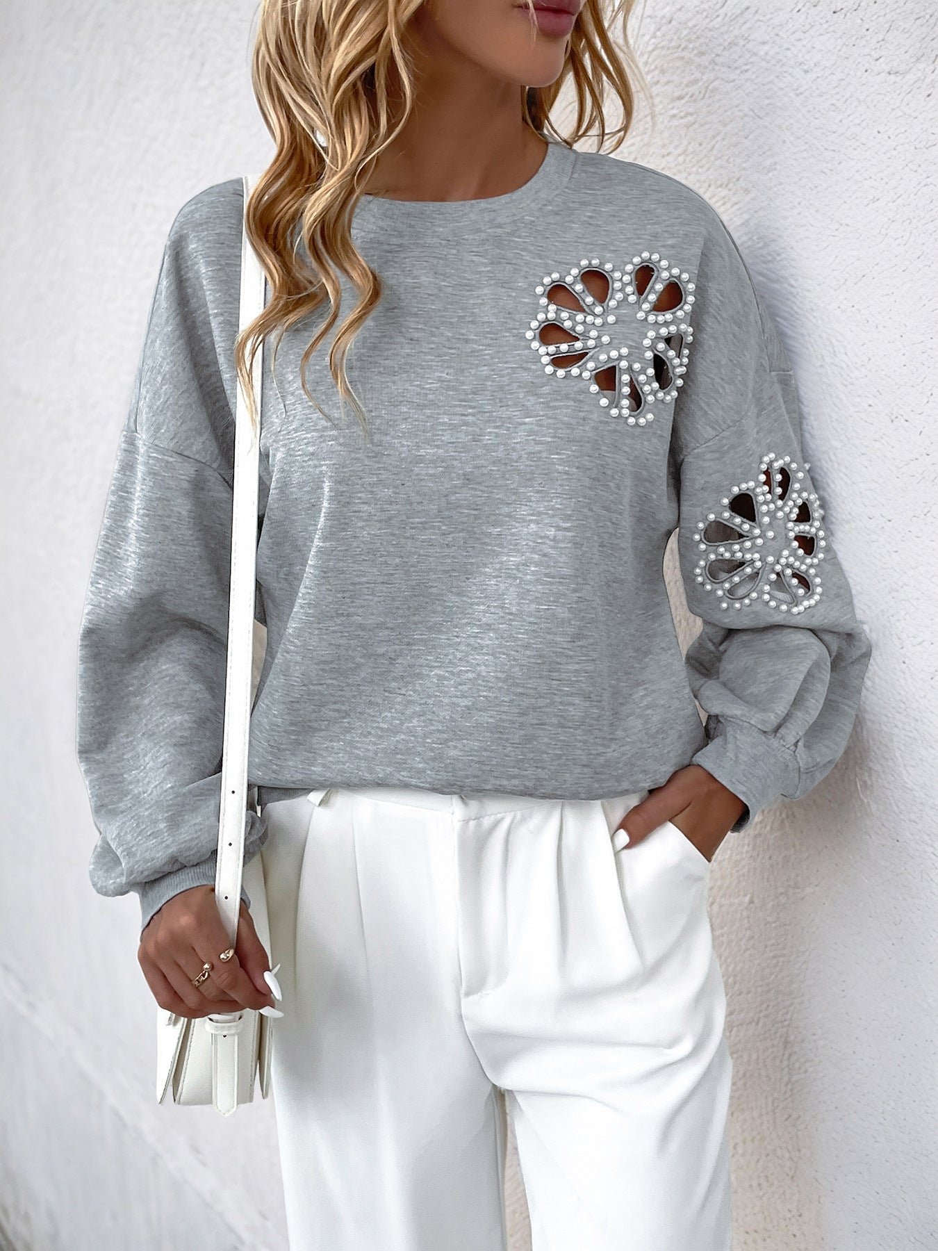 Floral Beaded Top Autumn Winter Women Clothing round Neck Loose Casual Hollow Out Cutout out Pullover Sweater
