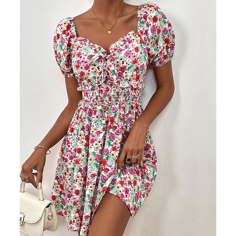 Summer Floral Waist Puff Sleeve Stitching Dress