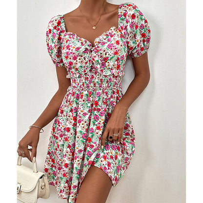 Summer Floral Waist Puff Sleeve Stitching Dress