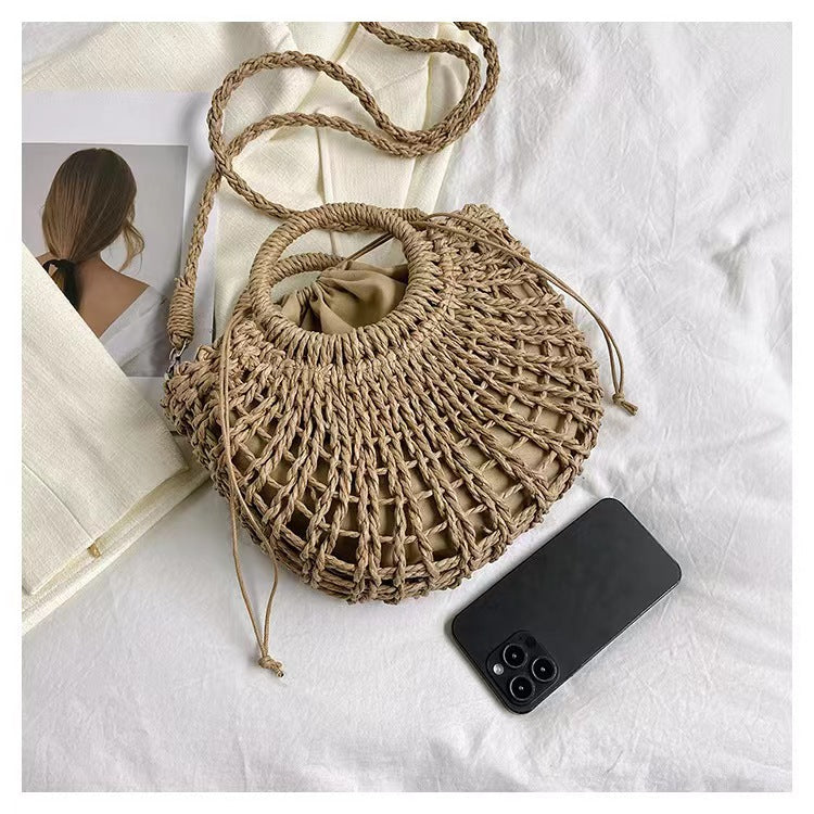 Simple Semicircle Hollow Out Cutout Straw Bag Crossbody Straw Bag Woven Bag Vacation Beach Bag Women Bag - GLAMWEARS