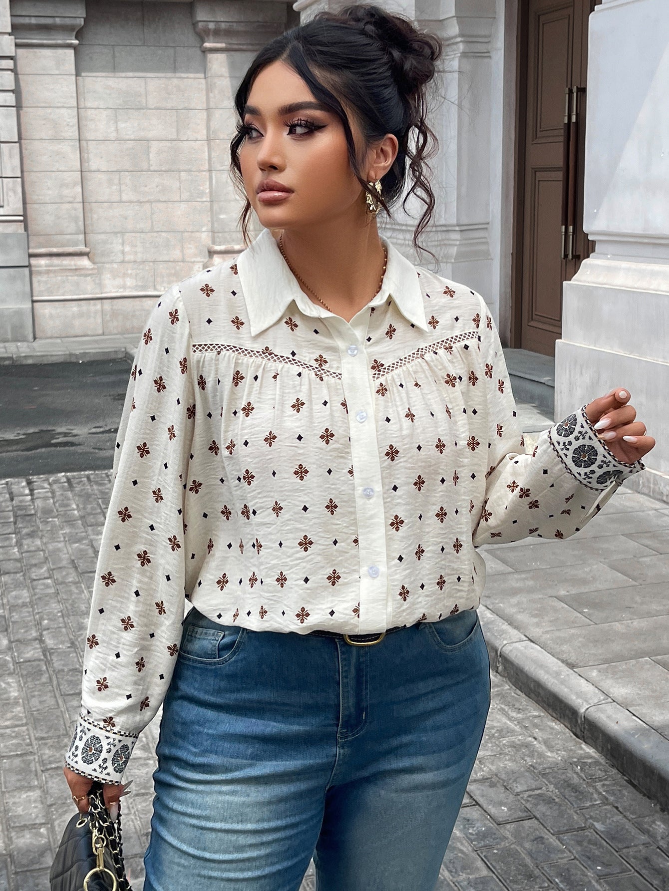 Women Shirt Top Beige Printing Hollow Out Cutout Design Polo Collar Casual Top