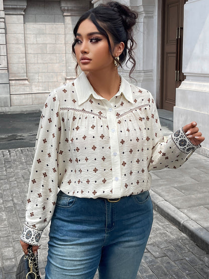 Women Shirt Top Beige Printing Hollow Out Cutout Design Polo Collar Casual Top