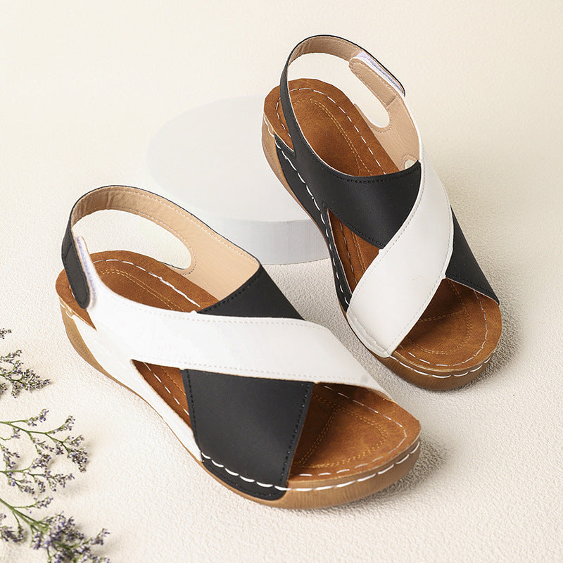 Platform Cross Wedge Sandals Women Outer Wear Contrast Color Breathable Velcro Beach Slippers