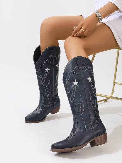 Totem Embroidery High Leather Boots Women Sewing Thread Pointed Toe Chunky Heel Knee High Boots