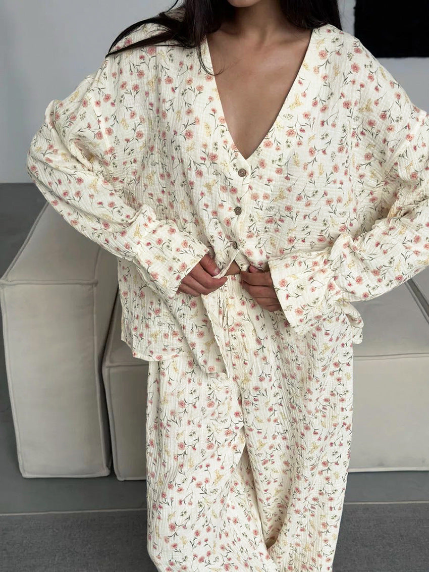 Loose Comfortable Homewear Spring Pure Cotton Printed Long Sleeved Trousers Comfortable Pajamas Women