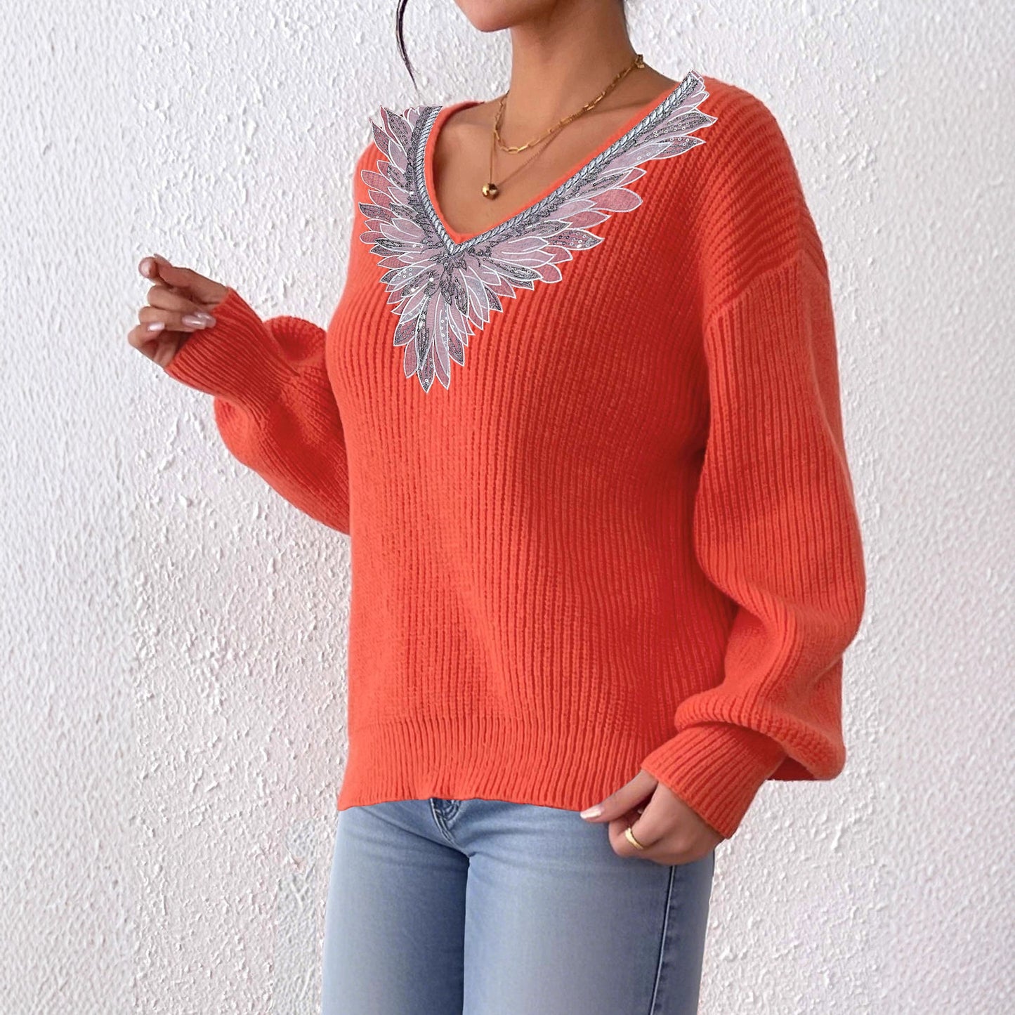 Lace Sequined Bow Tie V neck Patchwork Pullover Women Clothing Loose Lazy Long Sleeve Sweater