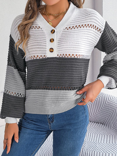 Autumn Winter Casual Button V neck Hollow Out Cutout Color Matching Lantern Sleeve Pullover Sweater Women Clothing