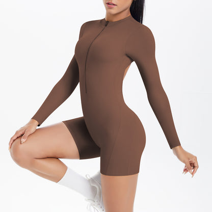 Hollow Out Cutout Beauty Back Half Open Zipper One Piece Peach Hip Sports Fitness Bare Back Jumpsuit Yoga Clothes Women