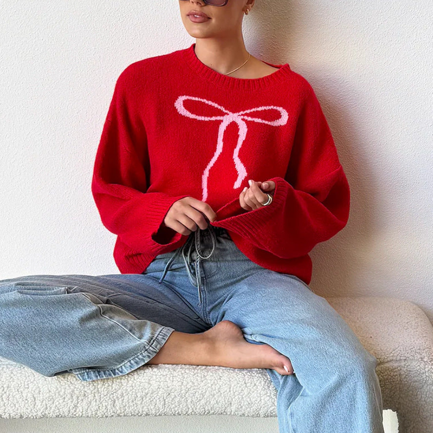 Women Clothing Retro Casual Bow Brocade Sweater