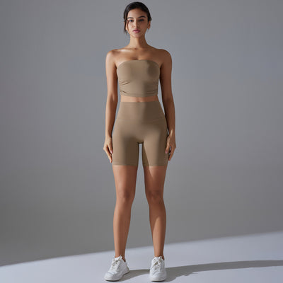 Celebrity One Piece Pleated Tube Top High Waist Hip Lift Zero Sense Wear Free Underwear Sports Shorts Fitness Yoga Set Women