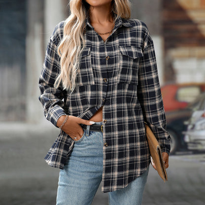 Autumn Winter Women Clothing Casual Loose Plaid Pocket Shirt for Women