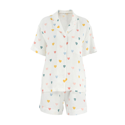 Summer Layer Crepe Heart Printing Pajamas Two Piece Cardigan Half Sleeve Shorts Women Homewear