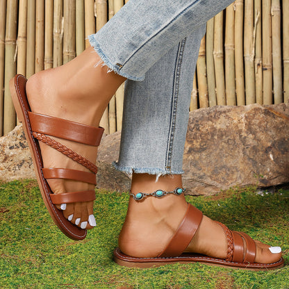 Plus Size Solid Color Knitted Belt Slippers Women Outerwear Buckle Beach Slippers