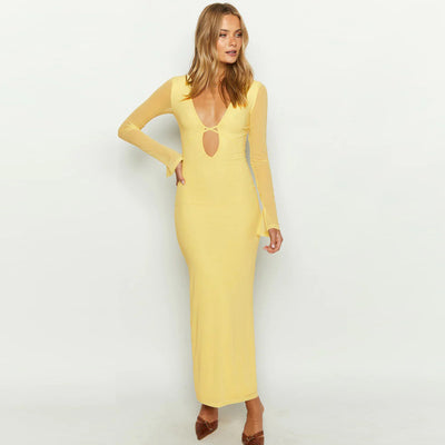 Women Clothing Autumn Winter Hollow Out Cutout Mesh Long Sleeve Deep V Plunge neck Lace up Dress Sexy