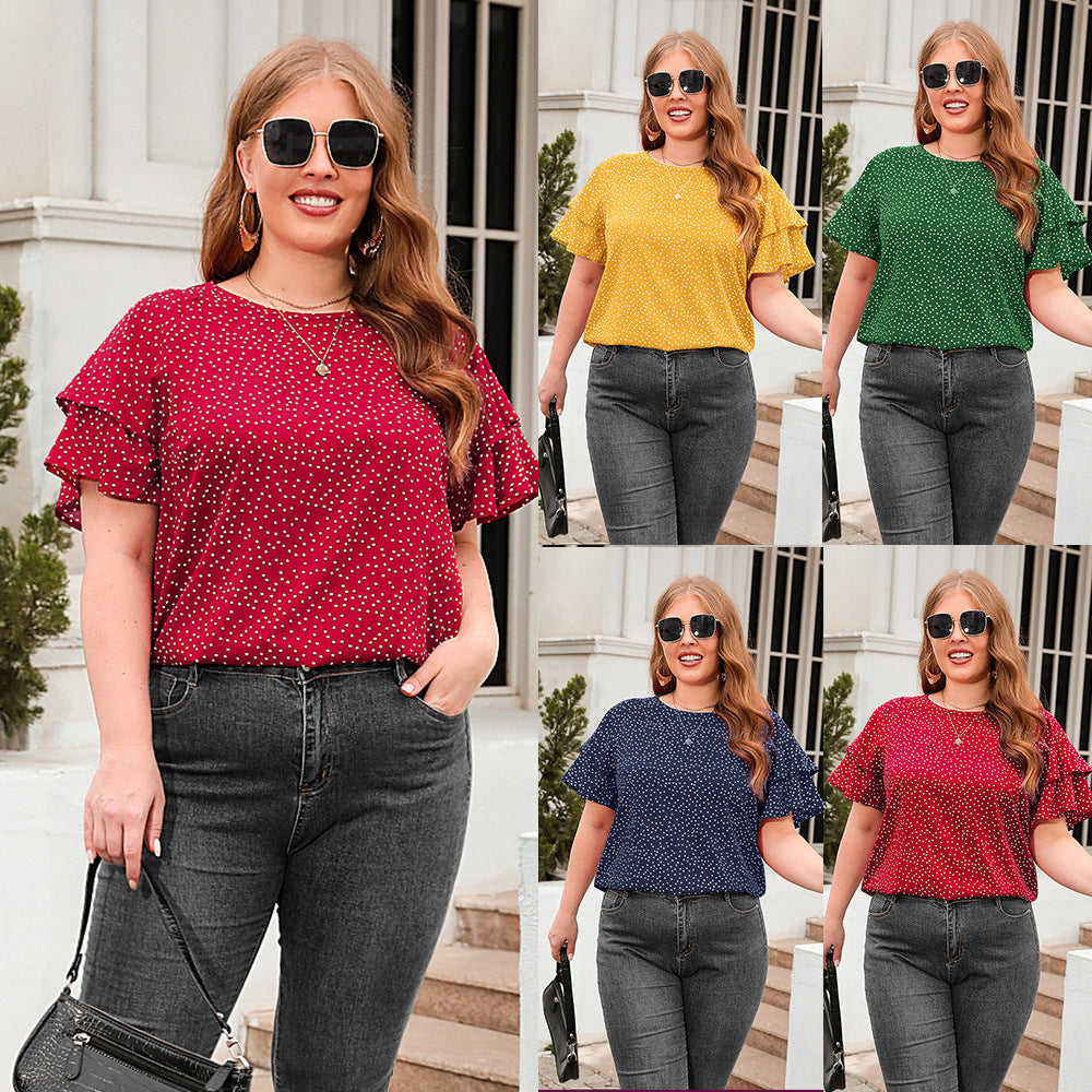 plus Size Polka Dot Loose Fitting Casual T shirt plus Size Women round Neck Short Sleeve Office Top