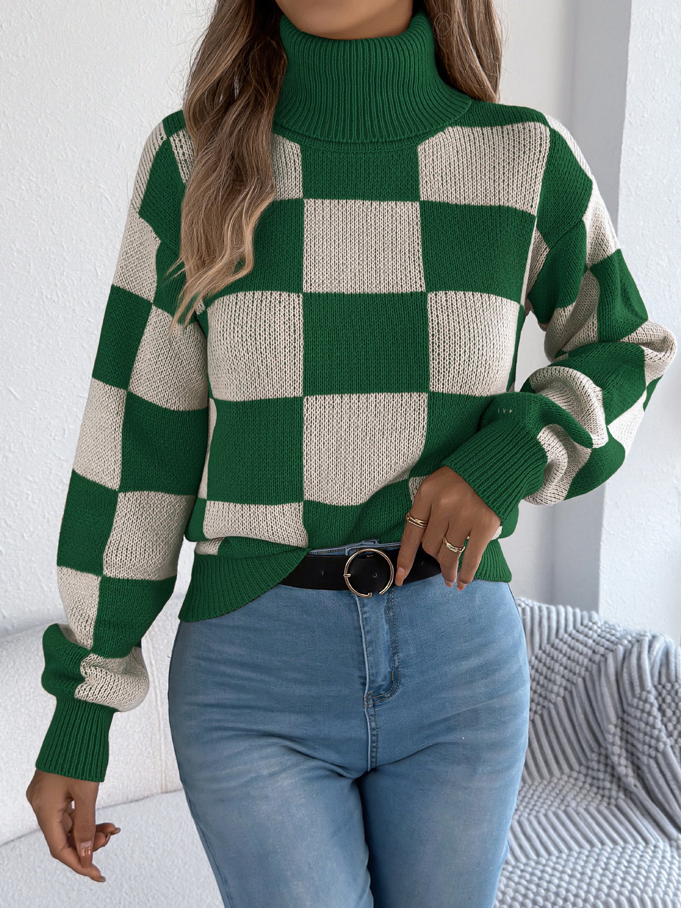 Autumn Winter Casual Turtleneck Color Contrast Check Lantern Long Sleeve Sweater Women Clothing