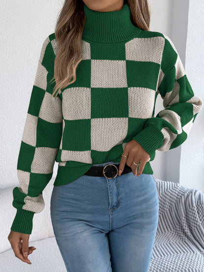 Autumn Winter Casual Turtleneck Color Contrast Check Lantern Long Sleeve Sweater Women Clothing