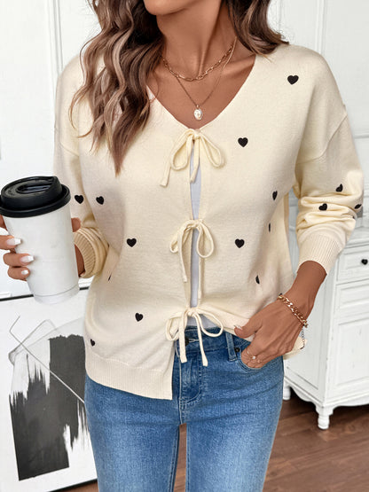 Autumn Winter Sweet Cute Love Pattern V neck Lace up Cardigan Sweater Coat