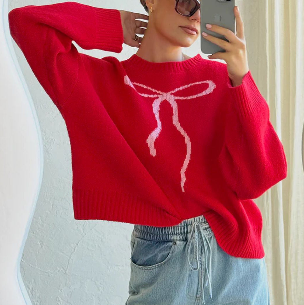 Women Clothing Retro Casual Bow Brocade Sweater