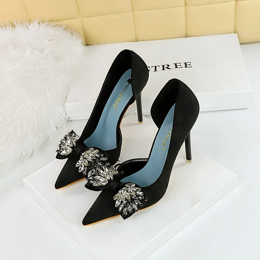 High Heels Stiletto Low Cut Pointed Side Hollow Out Cutout Cloth Surface Ultra High Heel Rhinestone Bow Pumps