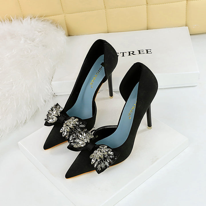 High Heels Stiletto Low Cut Pointed Side Hollow Out Cutout Cloth Surface Ultra High Heel Rhinestone Bow Pumps - GLAMWEARS
