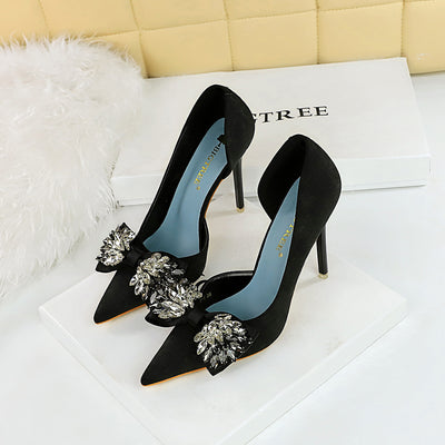 High Heels Stiletto Low Cut Pointed Side Hollow Out Cutout Cloth Surface Ultra High Heel Rhinestone Bow Pumps