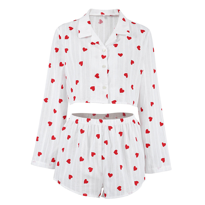 Spring Pure Cotton Jacquard Pajamas Two Piece Set Heart Printing Long Sleeve Shorts Ladies Homewear