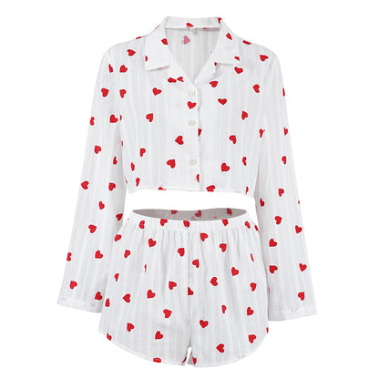 Spring Pure Cotton Jacquard Pajamas Two Piece Set Heart Printing Long Sleeve Shorts Ladies Homewear