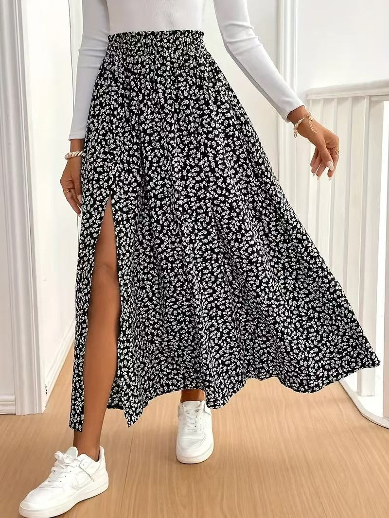 Fall Floral Skirt Split A line Sheath Mid Waist Dress