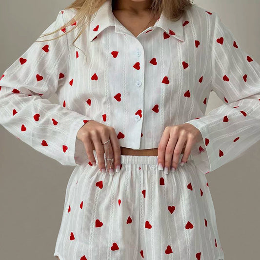 Spring Pure Cotton Jacquard Pajamas Two Piece Set Heart Printing Long Sleeve Shorts Ladies Homewear