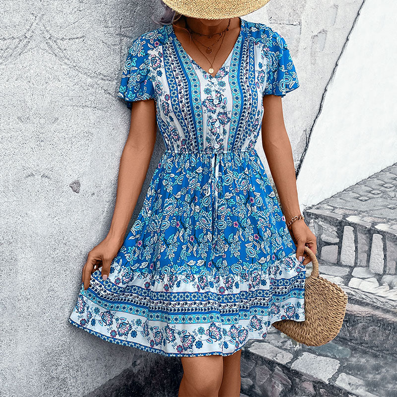 Summer Women V Neck Ethnic Floral Dress