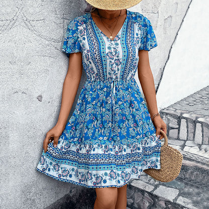 Summer Women V Neck Ethnic Floral Dress