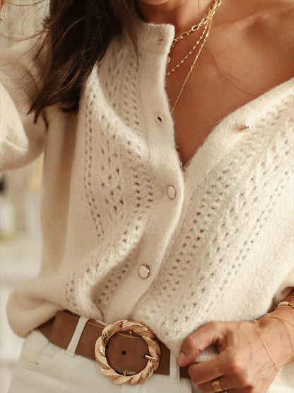 Women Autumn Winter Elegant Solid Color Knitted Cardigan Crocheted Hollow Out Cutout out Long Sleeve Single Breasted Sweater Coat