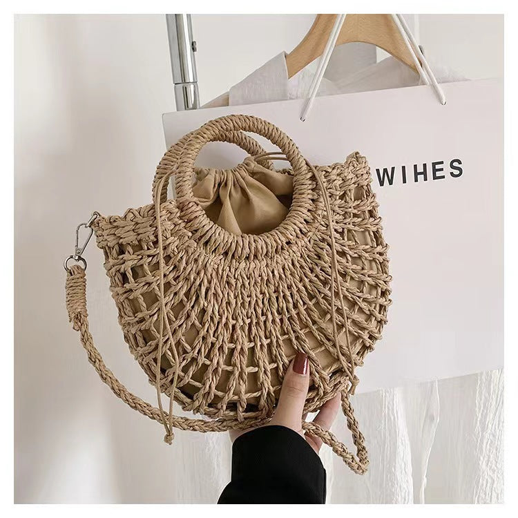 Simple Semicircle Hollow Out Cutout Straw Bag Crossbody Straw Bag Woven Bag Vacation Beach Bag Women Bag - GLAMWEARS