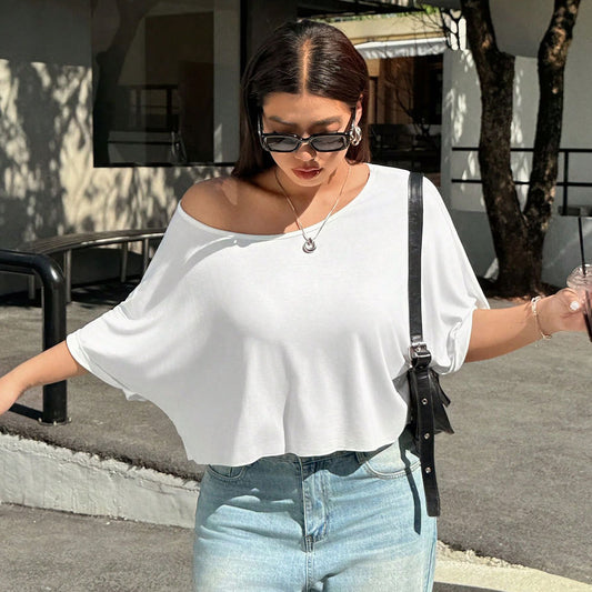 Plus Size Summer Women Clothes Simple Casual T shirt round Neck off the Shoulder Half Sleeve Slimming Top