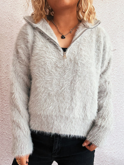 Solid Color Short Casual Polo Collar Half Zipper Knitted Top Commuting Women Sweater