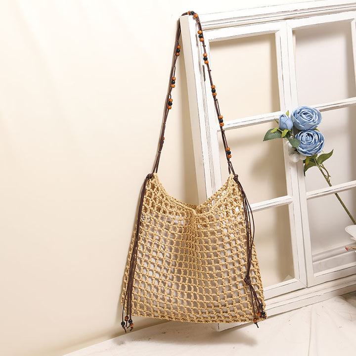 Summer Straw Woven Bag With Lace Up Pattern Suitable For Women Beach Vacation Beach Bag - GLAMWEARS
