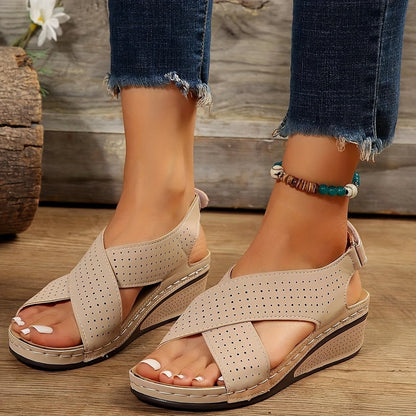 Hollow Out Cutout out Cross Strap Platform Sandals Women Velcro Solid Color Lightweight Wedge Beach Sandals
