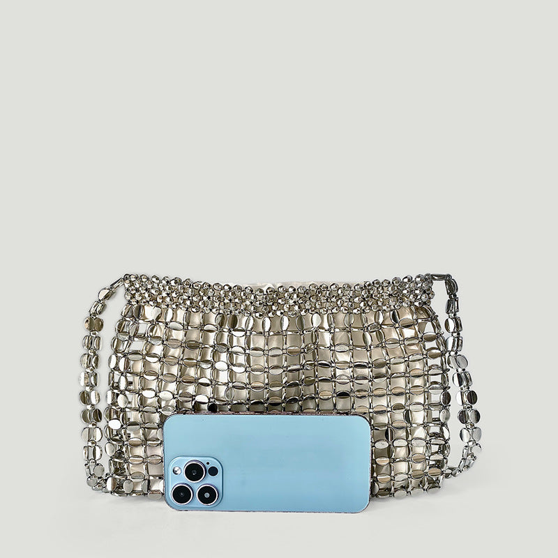 Dumpling Bag Retro Shiny Metallic Sequin Bag Hand Woven Shoulder Bag Travel Holiday Underarm Bag - GLAMWEARS