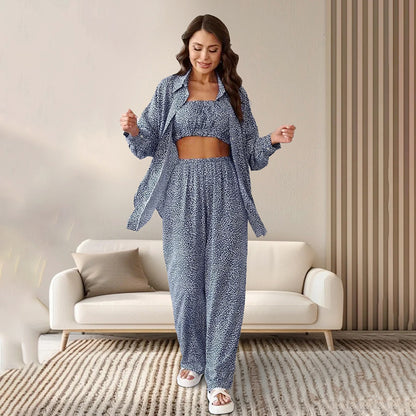 Autumn Blue Color Leopard Print Pajamas Tube Top Cardigan Long Sleeve Pants Women Homewear