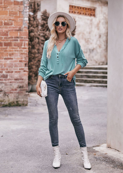 Women Clothing Autumn Winter Casual Loose Solid Color Hoodie Sweatshirt