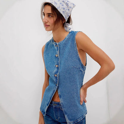 Casual Slim Fit Buttoned Women Clothing Denim Sleeveless Vest