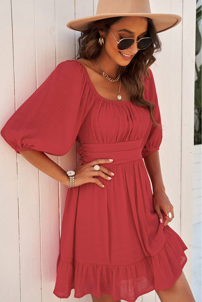 U Collar Pullover Dress Women Solid Color Mid-Sleeve Pleated Knee Length