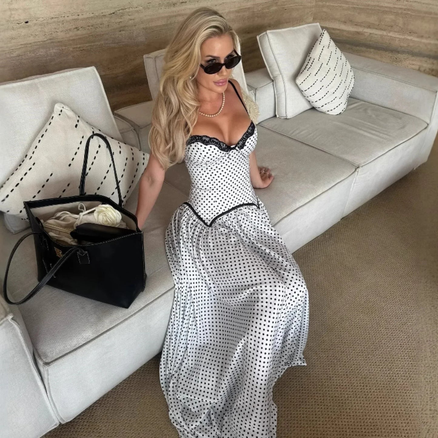 Summer Sweet Skinny Slimming Backless Braces in White Polka Dot Dress Women Clothing