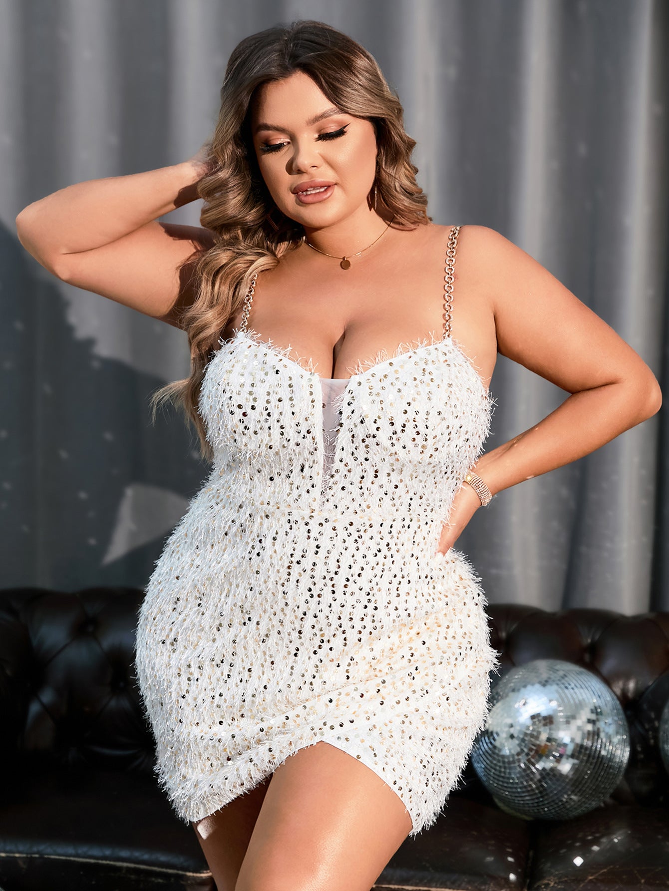 plus Size Sexy Sling Backless Deep Collar Low-Cut Sexy Sequin Slip Dress Waist Slimming Socialite Elegant Dress