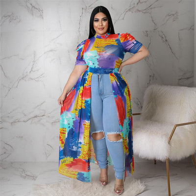 plus Size Women Nightclub Uniforms Oversleeves Mesh Hollow Out Cutout Dress Top