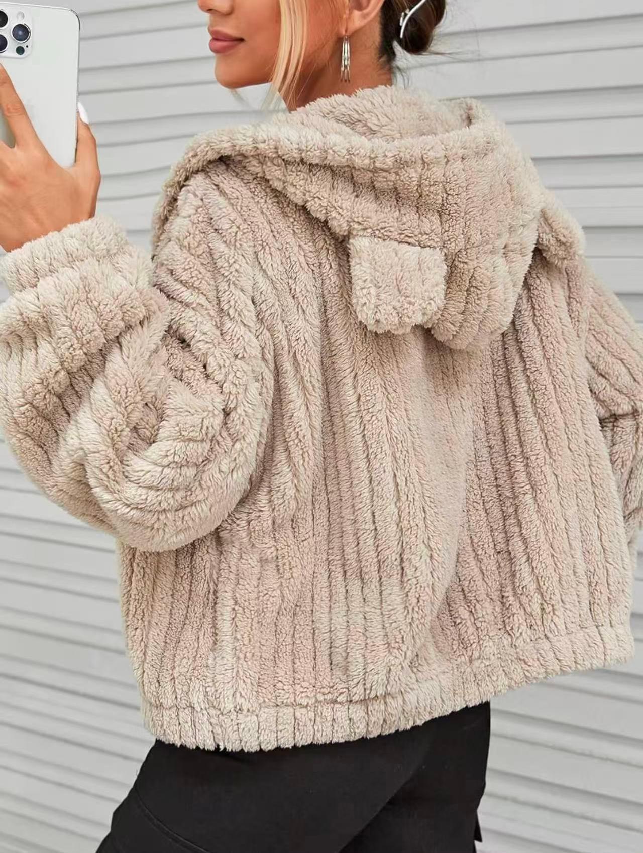 Popular Solid Color Double-Sided Plush Zipper Cardigan Decoration Ears Casual Autumn Winter Plush Coat